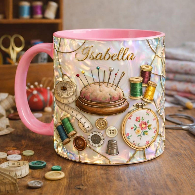 Personalized Sewing Mug, Custom Name Craft Coffee Cup, Quilting & Sewing Tools Design, Cozy Handmade Aesthetic, Gift for Sewers