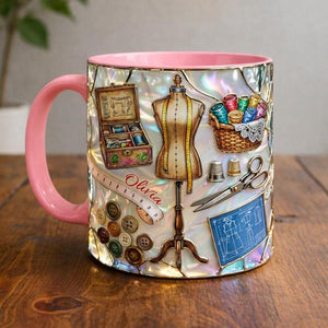 Personalized Sewing Mug, Custom Name Craft Coffee Cup, Quilting & Sewing Tools Design, Cozy Handmade Aesthetic, Gift for Sewers