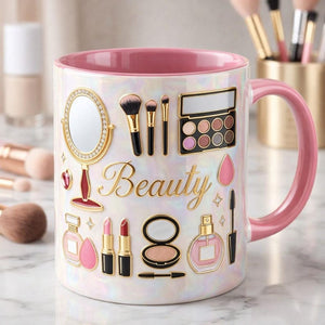 Personalized Makeup Lover Mug, Custom Name Beauty Coffee Cup, Luxury Gold Cosmetics Mug, Glam Feminine Mug Gift for Her