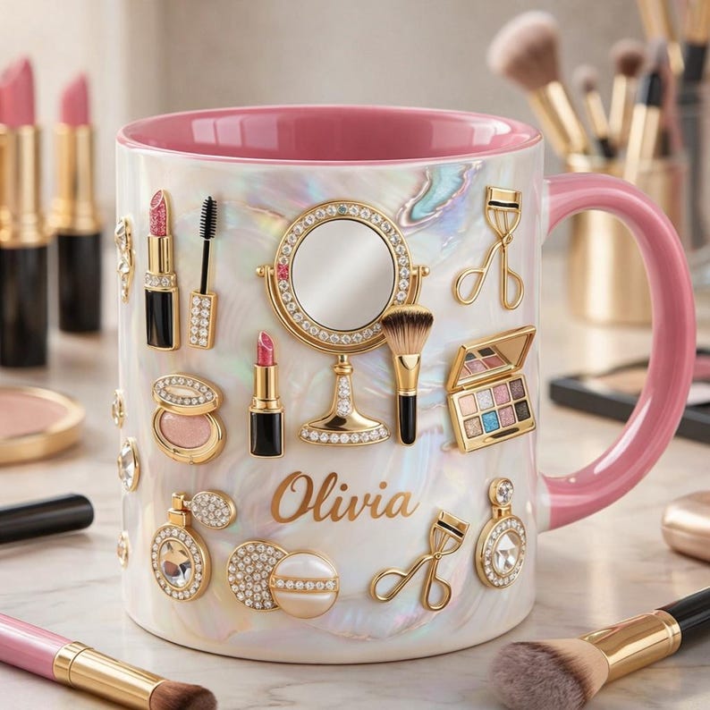 Personalized Makeup Lover Mug, Custom Name Beauty Coffee Cup, Luxury Gold Cosmetics Mug, Glam Feminine Mug Gift for Her