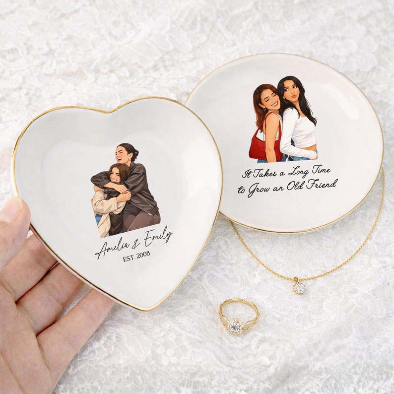 Personalized Bestie Photo Jewelry Dish, Custom Friendship Trinket Tray Ring, Birthday Gifts For Bestie