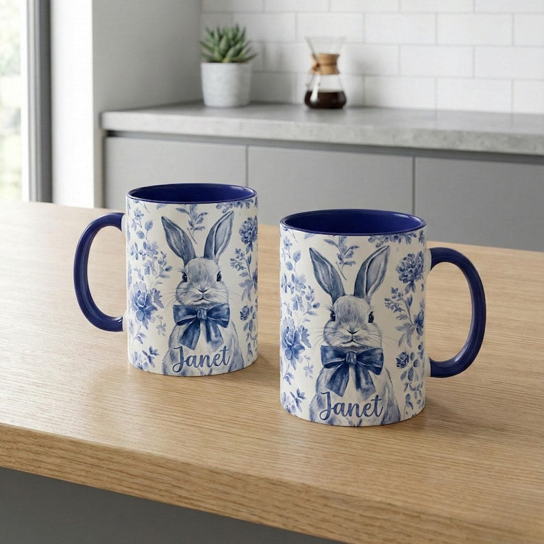 Personalized Chinoiserie Easter Bunny Mug, Custom Name Rabbit Coffee Cup, Easter Morning Tea Mug, Spring Gift for Her, Kids Easter Gift