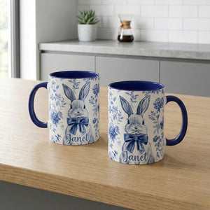 Personalized Chinoiserie Easter Bunny Mug, Custom Name Rabbit Coffee Cup, Easter Morning Tea Mug, Spring Gift for Her, Kids Easter Gift