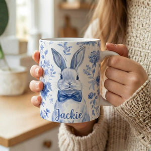 Personalized Chinoiserie Easter Bunny Mug, Custom Name Rabbit Coffee Cup, Easter Morning Tea Mug, Spring Gift for Her, Kids Easter Gift