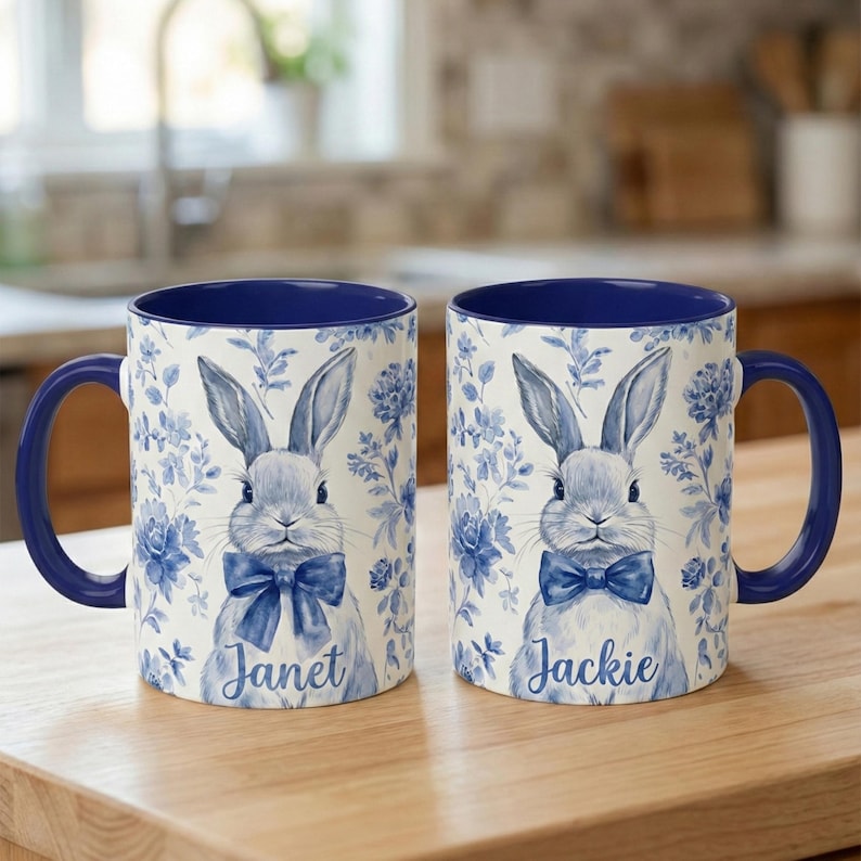 Personalized Chinoiserie Easter Bunny Mug, Custom Name Rabbit Coffee Cup, Easter Morning Tea Mug, Spring Gift for Her, Kids Easter Gift