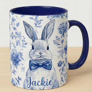Personalized Chinoiserie Easter Bunny Mug, Custom Name Rabbit Coffee Cup, Easter Morning Tea Mug, Spring Gift for Her, Kids Easter Gift