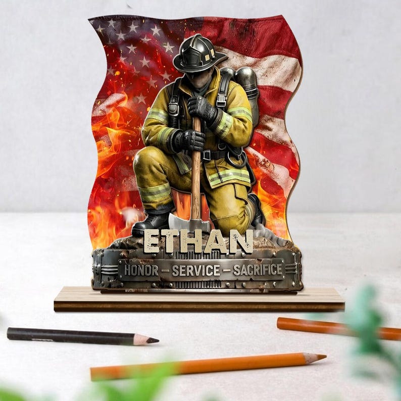Personalized Firefighter Memorial Plaque, Custom Fireman Sign with Name, Honor Service Sacrifice Tribute Gift for Firefighter Dad Husband