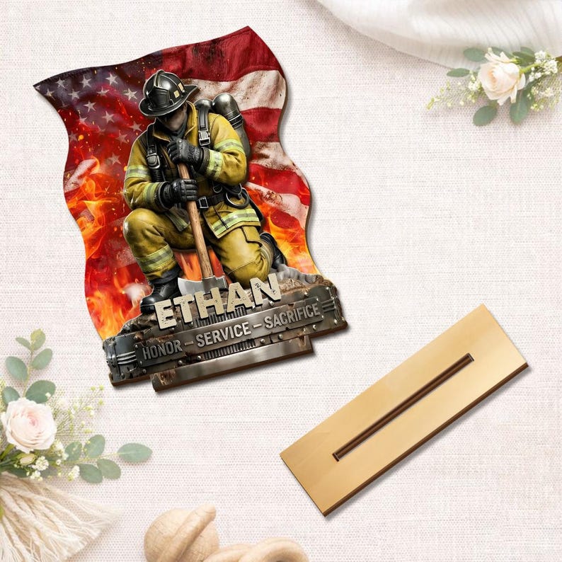 Personalized Firefighter Memorial Plaque, Custom Fireman Sign with Name, Honor Service Sacrifice Tribute Gift for Firefighter Dad Husband