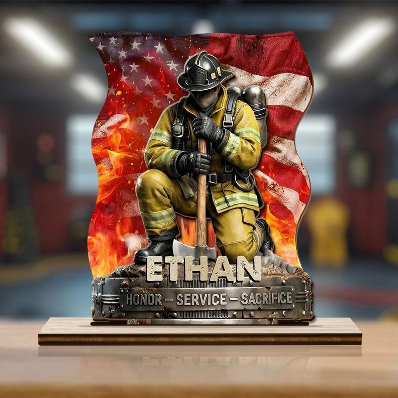 Personalized Firefighter Memorial Plaque, Custom Fireman Sign with Name, Honor Service Sacrifice Tribute Gift for Firefighter Dad Husband