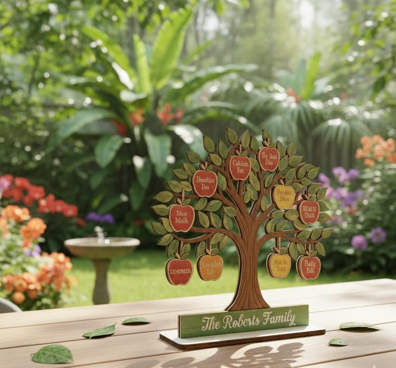 Personalized Mother's Day Gift,Custom Family Tree Wood Sign with Names,3D Apple Tree Decor for Grandma, Grandkids Name Sign,Anniversary Gift
