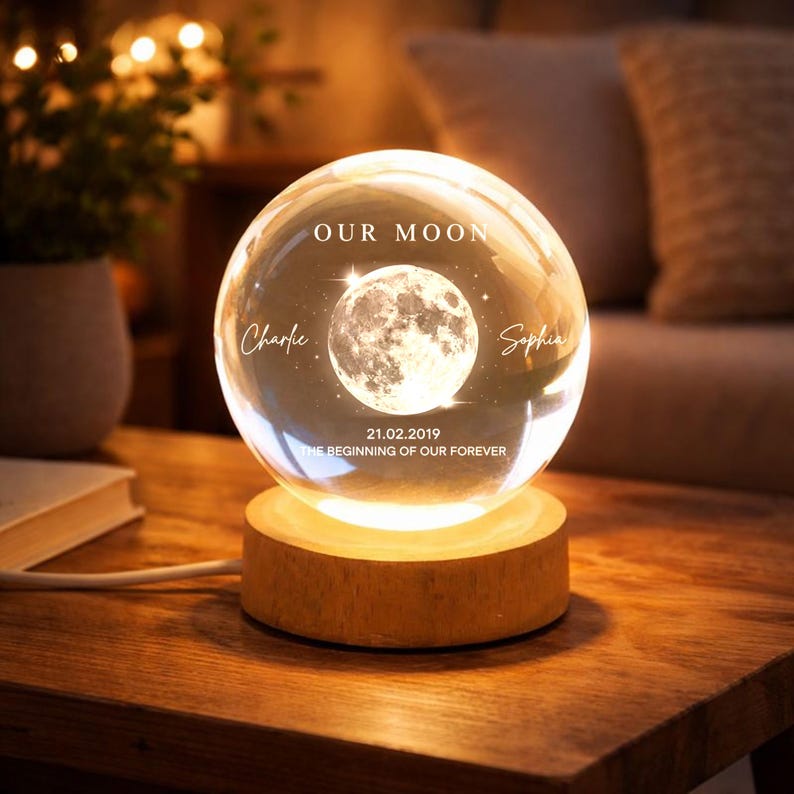 Our Moon Personalized Crystal Ball LED Night Light, Custom Names & Date Moon Lamp, Anniversary Wedding Valentine Gift for Couple