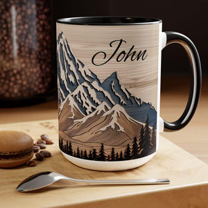 Personalized Mountain Ceramic Mug Custom Name Wood Panel Landscape Rustic Cabin Coffee Drinkware