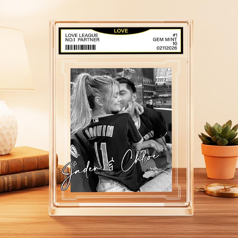Custom Couple Photo Acrylic Block, Personalized Trading Card Desk Name Plate For Couple, Baseball Lover Gift, Valentines Day Gift For Him