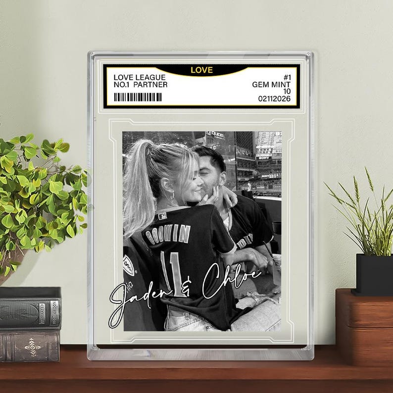 Custom Couple Photo Acrylic Block, Personalized Trading Card Desk Name Plate For Couple, Baseball Lover Gift, Valentines Day Gift For Him