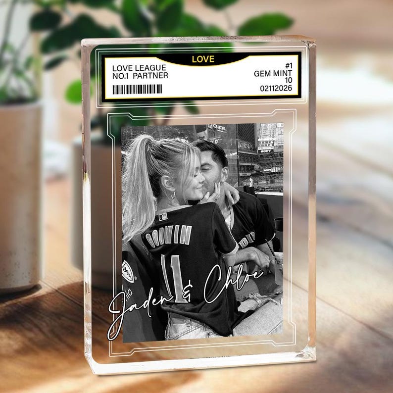 Custom Couple Photo Acrylic Block, Personalized Trading Card Desk Name Plate For Couple, Baseball Lover Gift, Valentines Day Gift For Him