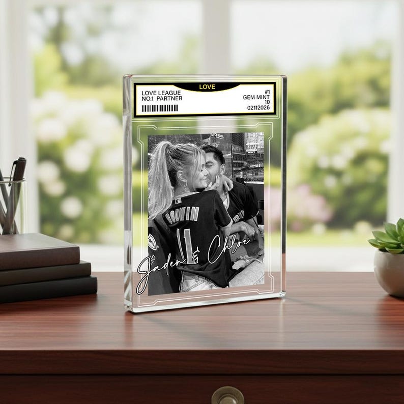 Custom Couple Photo Acrylic Block, Personalized Trading Card Desk Name Plate For Couple, Baseball Lover Gift, Valentines Day Gift For Him