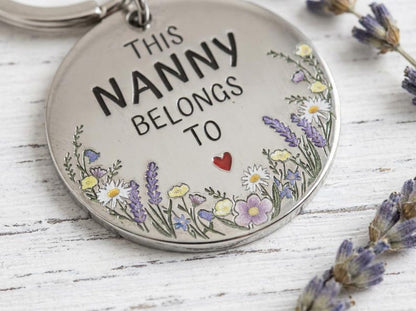 Personalised Flower Family Keyring Mother's Day Gift: Nanny, Mummy Belongs To Engraved Stainless Steel Keepsake, Nanna, Auntie, Mum Loved By