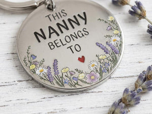 Personalised Flower Family Keyring Mother's Day Gift: Nanny, Mummy Belongs To Engraved Stainless Steel Keepsake, Nanna, Auntie, Mum Loved By