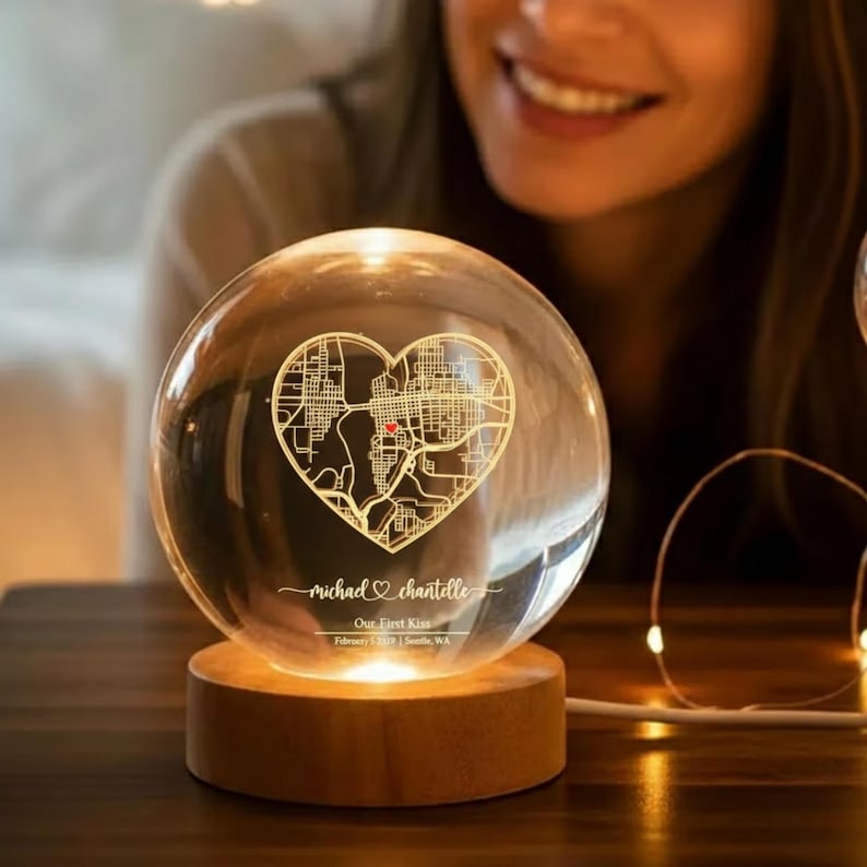 Location Map Crystal Ball Night Light: Where We Met Couples Gift, Romantic Keepsake