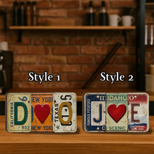Personalized Couple Wooden Block, License Plate Letters, Initials Heart, Shelf Desk Valentine Decor