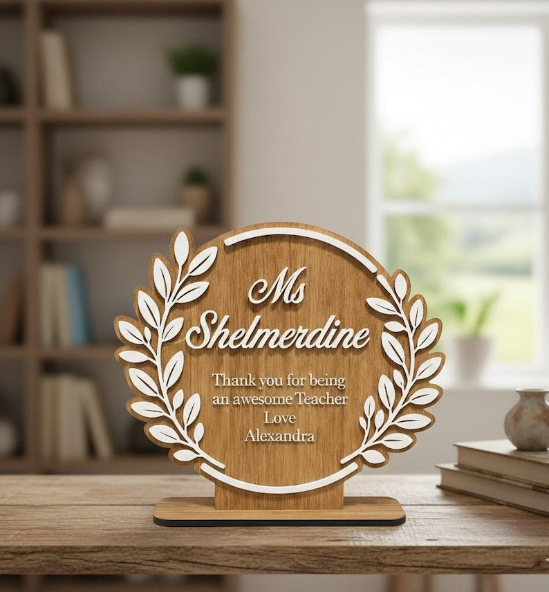 Personalized Teacher Appreciation Plaque, Custom 3D Acrylic & Wood Desk Decor, End of School Year Gift, Thank You Teacher Name Sign