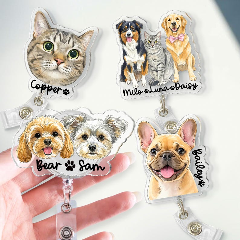 Personalized Acrylic Portrait From Photo Badge Reel: Dog, Cat Retractable ID Holder