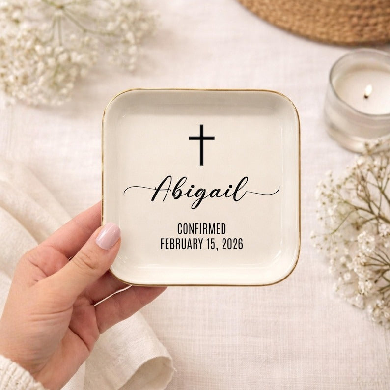 Personalized Baptism Trinket Dish, Custom Confirmation Ring Dish, First Communion Gifts, Goddaughter Baptism Gift, Dedication Jewelry Dish
