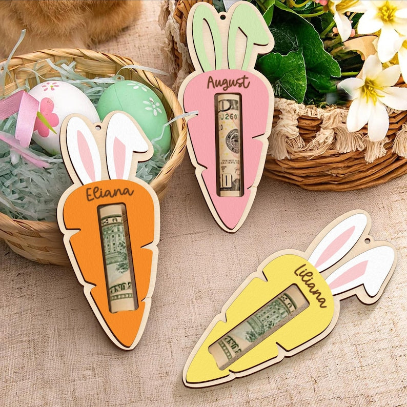 Personalized Easter Tag, Carrot Money Holder, Easter Carrot Tag, Easter Money Holder, Easter Cash Gift, Bunny Ear Tag, Kid Easter Gift