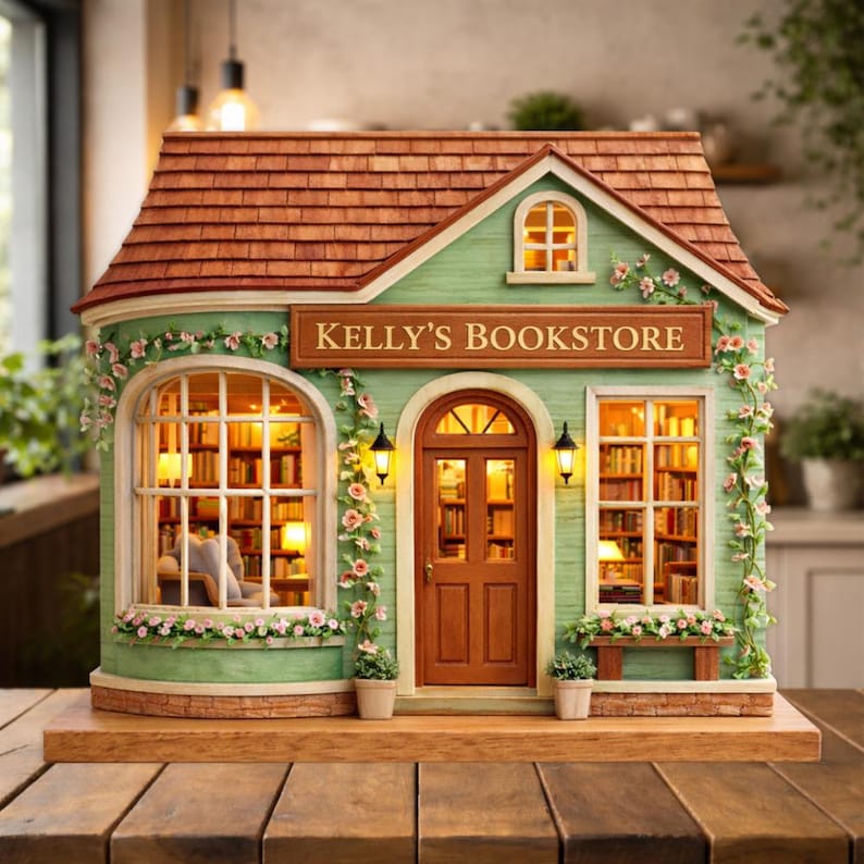 Custom Bookstore Flower House Wooden Block Personalized Book Lover Gift Wood Plaque Miniature Bookshop Decor Reader Gift