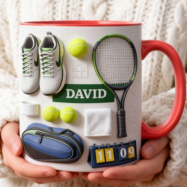 Personalized Tennis Mug with Name, Custom Tennis Player Coffee Cup, Tennis Gear Mug, Sports Gift for Him Dad Coach
