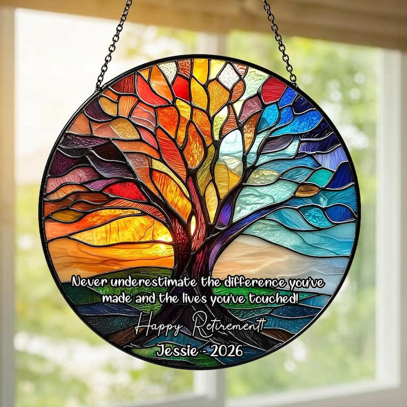 Personalized Retirement Gift Tree of Life Stained Glass Suncatcher, Coworker Farewell Gift, Office Goodbye Decor
