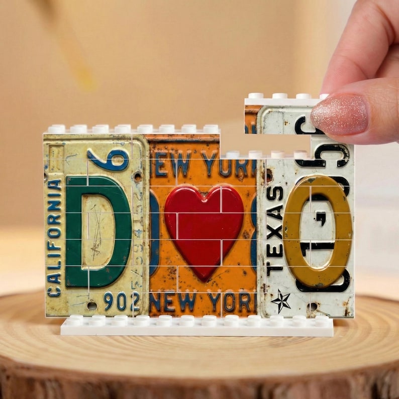 Personalized License Plate Building Block, Custom Initial Brick Decor, Heart Letter Design