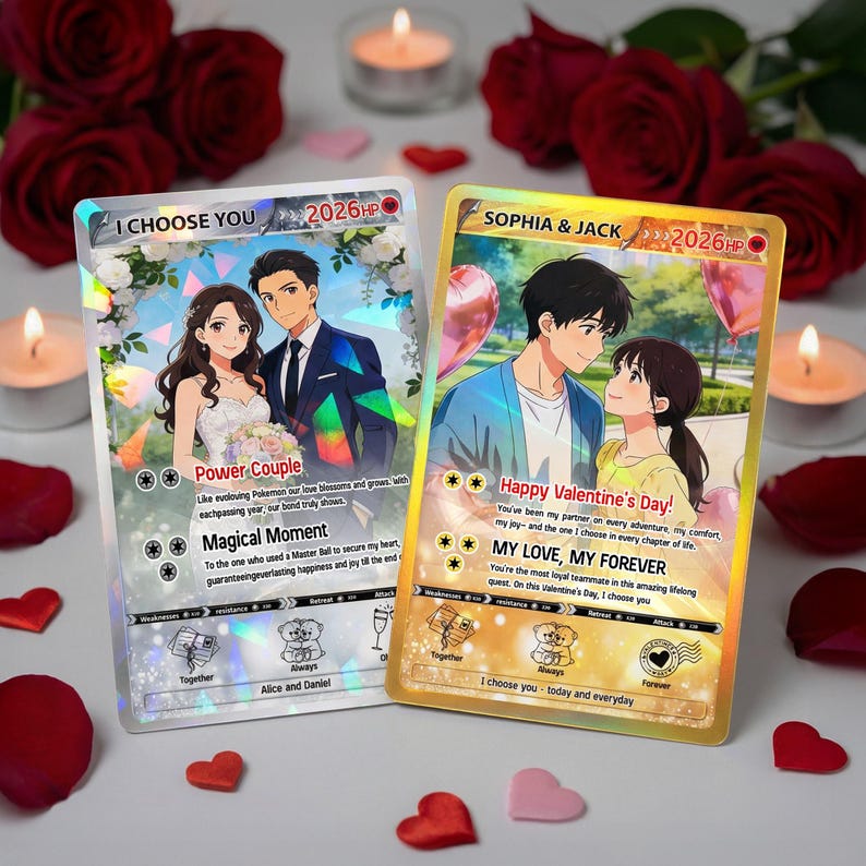 Personalized PKM Valentine s Day Card, Custom Anime Photo Card, Valentine Gift, Gift for Him, Gift for Her, Custom Card for Couple