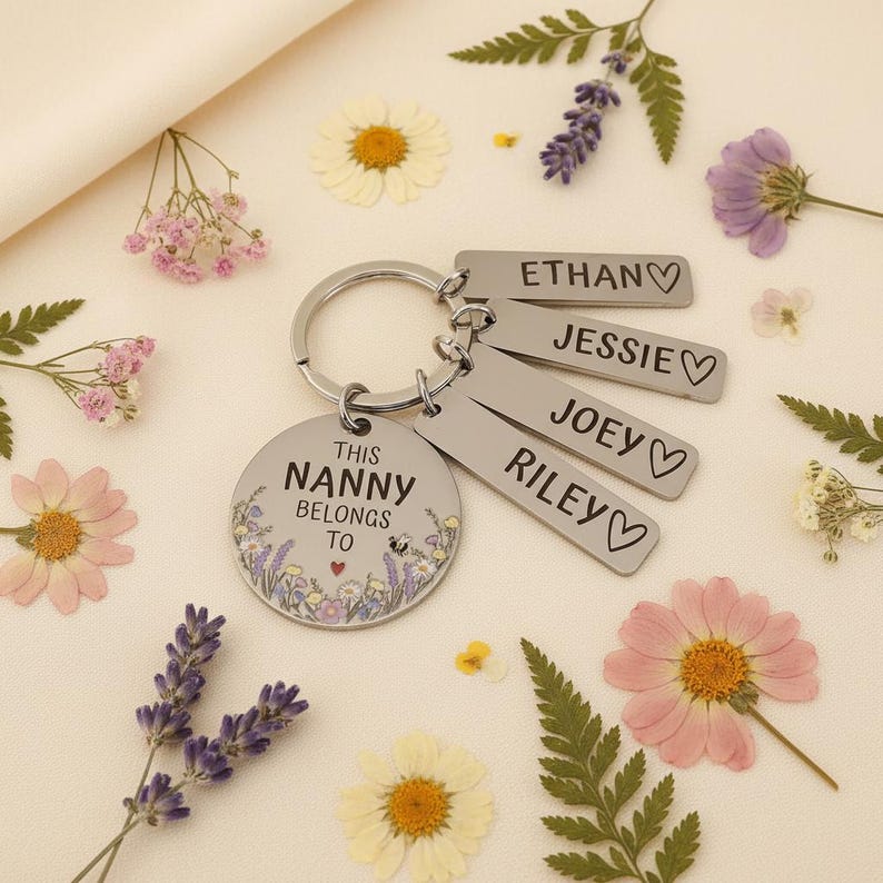 Personalised Flower Family Keyring Mother's Day Gift: Nanny, Mummy Belongs To Engraved Stainless Steel Keepsake, Nanna, Auntie, Mum Loved By