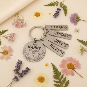Personalised Flower Family Keyring Mother's Day Gift: Nanny, Mummy Belongs To Engraved Stainless Steel Keepsake, Nanna, Auntie, Mum Loved By