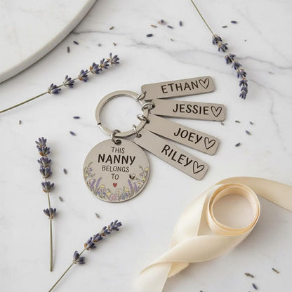 Personalised Flower Family Keyring Mother's Day Gift: Nanny, Mummy Belongs To Engraved Stainless Steel Keepsake, Nanna, Auntie, Mum Loved By