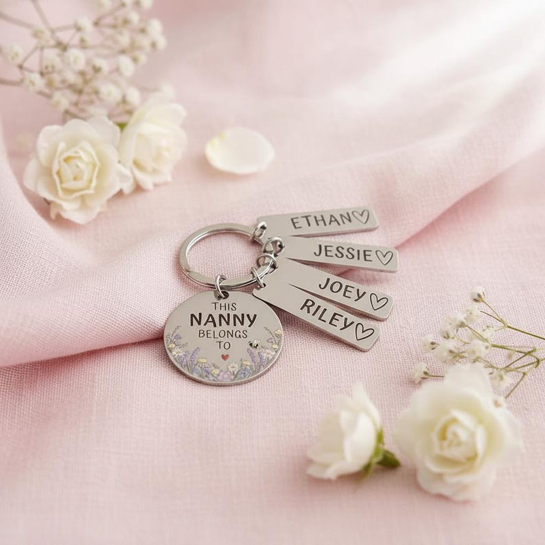 Personalised Flower Family Keyring Mother's Day Gift: Nanny, Mummy Belongs To Engraved Stainless Steel Keepsake, Nanna, Auntie, Mum Loved By