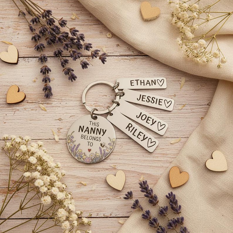Personalised Flower Family Keyring Mother's Day Gift: Nanny, Mummy Belongs To Engraved Stainless Steel Keepsake, Nanna, Auntie, Mum Loved By