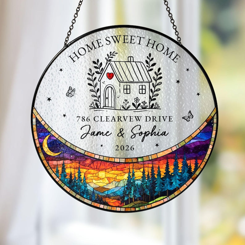 Personalized First Home Stained Glass Suncatcher, New Home Occasion Housewarming Gift For Moving In Friend, Realtor Keepsake
