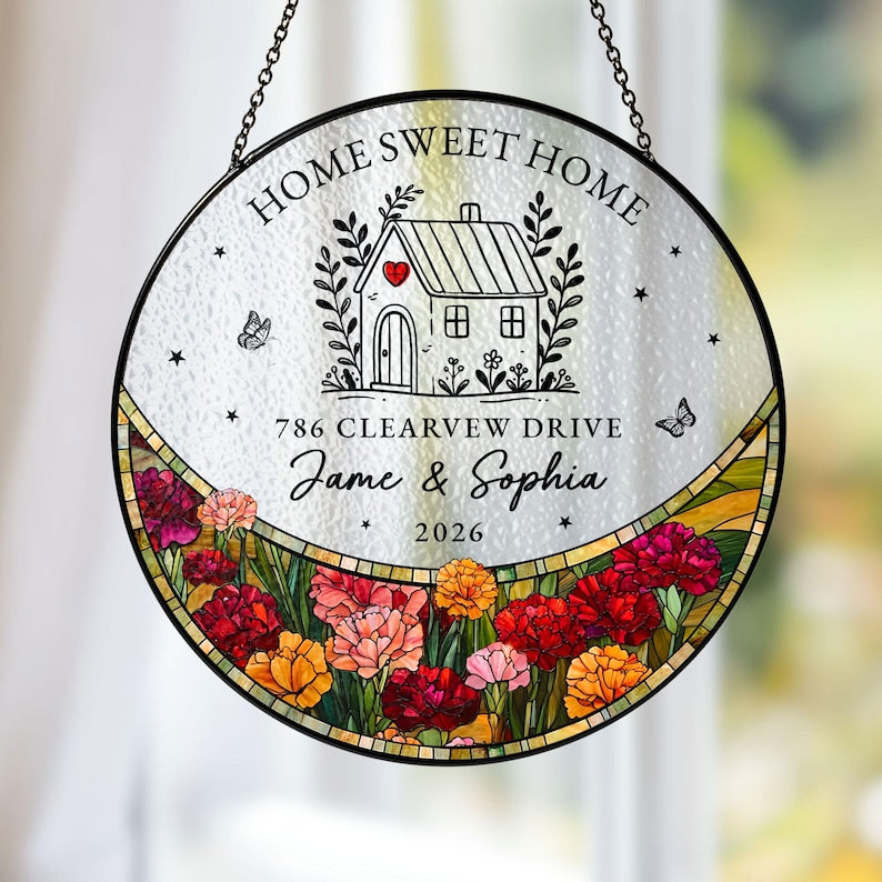 Personalized First Home Stained Glass Suncatcher, New Home Occasion Housewarming Gift For Moving In Friend, Realtor Keepsake