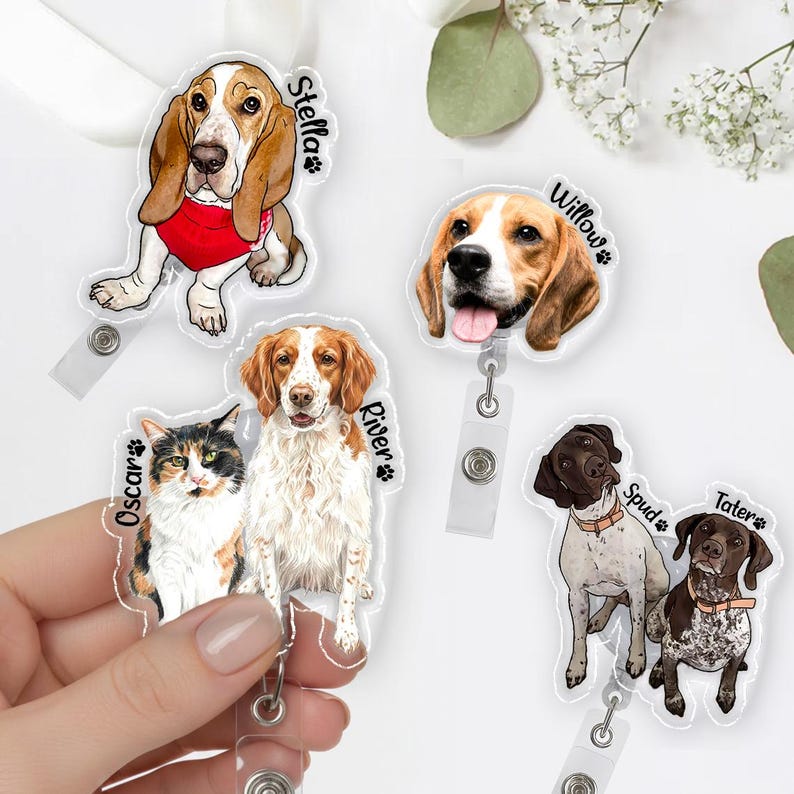 Custom Pet Badge Reel, Personalized Pet Portrait Photo Badge Reel, Nurse Badge Reel, Retractable Badge Holder