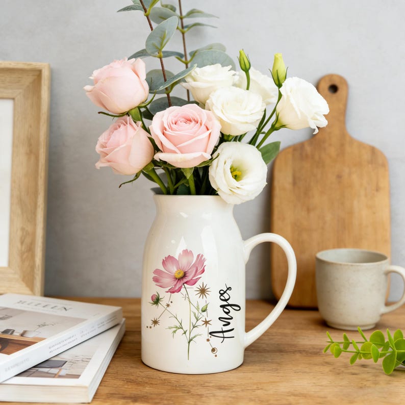 Personalized Birth Flower Ceramic Vase, Zodiac Sign Gift for Mom,Mothers Day Gift,Grandma Gift