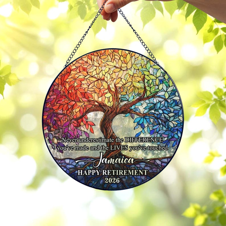 Personalized Retirement Stained Glass Suncatcher: Tree of Life Gift, Retirement Window Decor, Colleague Retirement Keepsake,Retired Coworker
