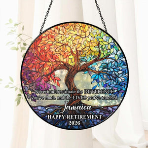 Personalized Retirement Stained Glass Suncatcher: Tree of Life Gift, Retirement Window Decor, Colleague Retirement Keepsake,Retired Coworker