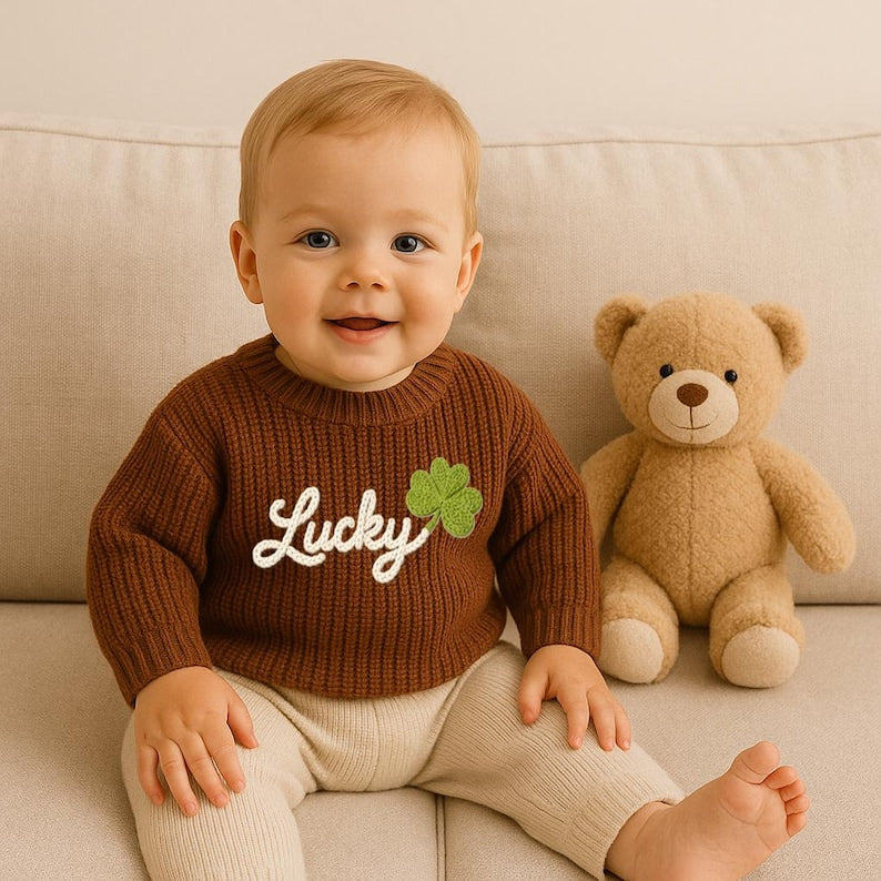 Lucky Charm Baby Hand Embroidered Toddler Sweaters, St Patrick s Day Shamrock Outfit, Lucky Clover Toddler 1st Birthday Gift, Kids sweater