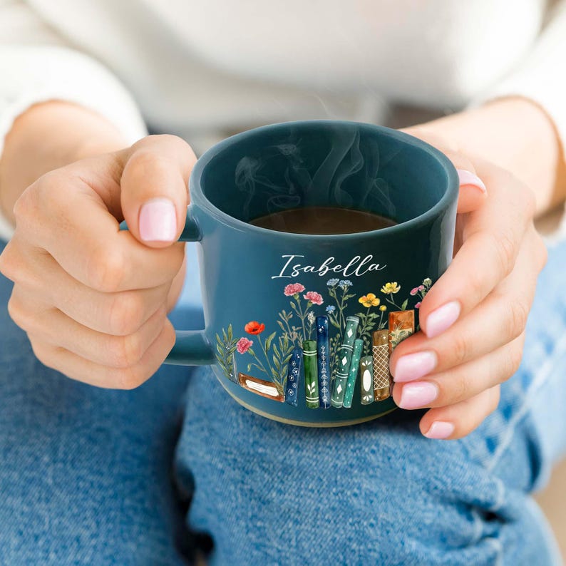 Personalized Floral Books Pottery Mug, Floral Bookish Gifts For Reader, Reading Coffee Cup, Floral Bookshelf Coffee Mug, Book Lover Gift