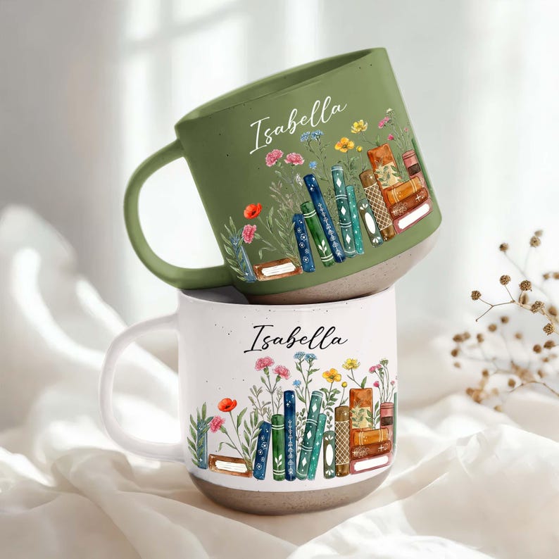 Personalized Floral Books Pottery Mug, Floral Bookish Gifts For Reader, Reading Coffee Cup, Floral Bookshelf Coffee Mug, Book Lover Gift