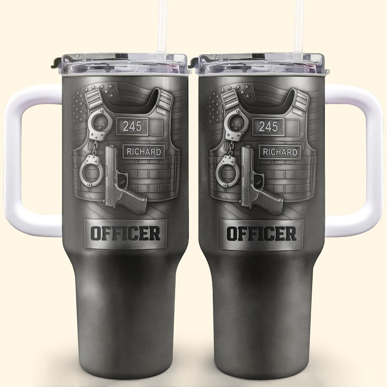 Personalized Police Officer 40oz Tumbler With Handle, Custom Name Badge Number Cup, Law Enforcement Gift, Thin Blue Line Tumbler
