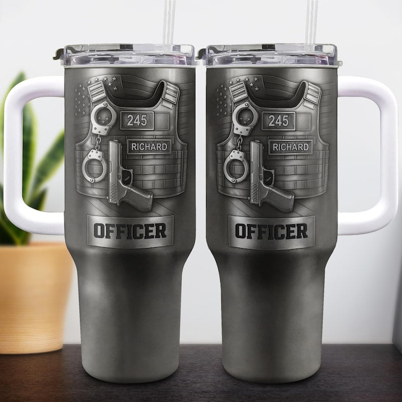 Personalized Police Officer 40oz Tumbler With Handle, Custom Name Badge Number Cup, Law Enforcement Gift, Thin Blue Line Tumbler