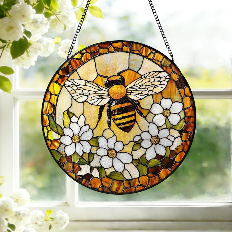 Custom Bee Stained Glass Suncatcher Window Hangings Bumble Bee Honeybee Bee Garden Art Mother's Day Gift Grandma Bee Gift